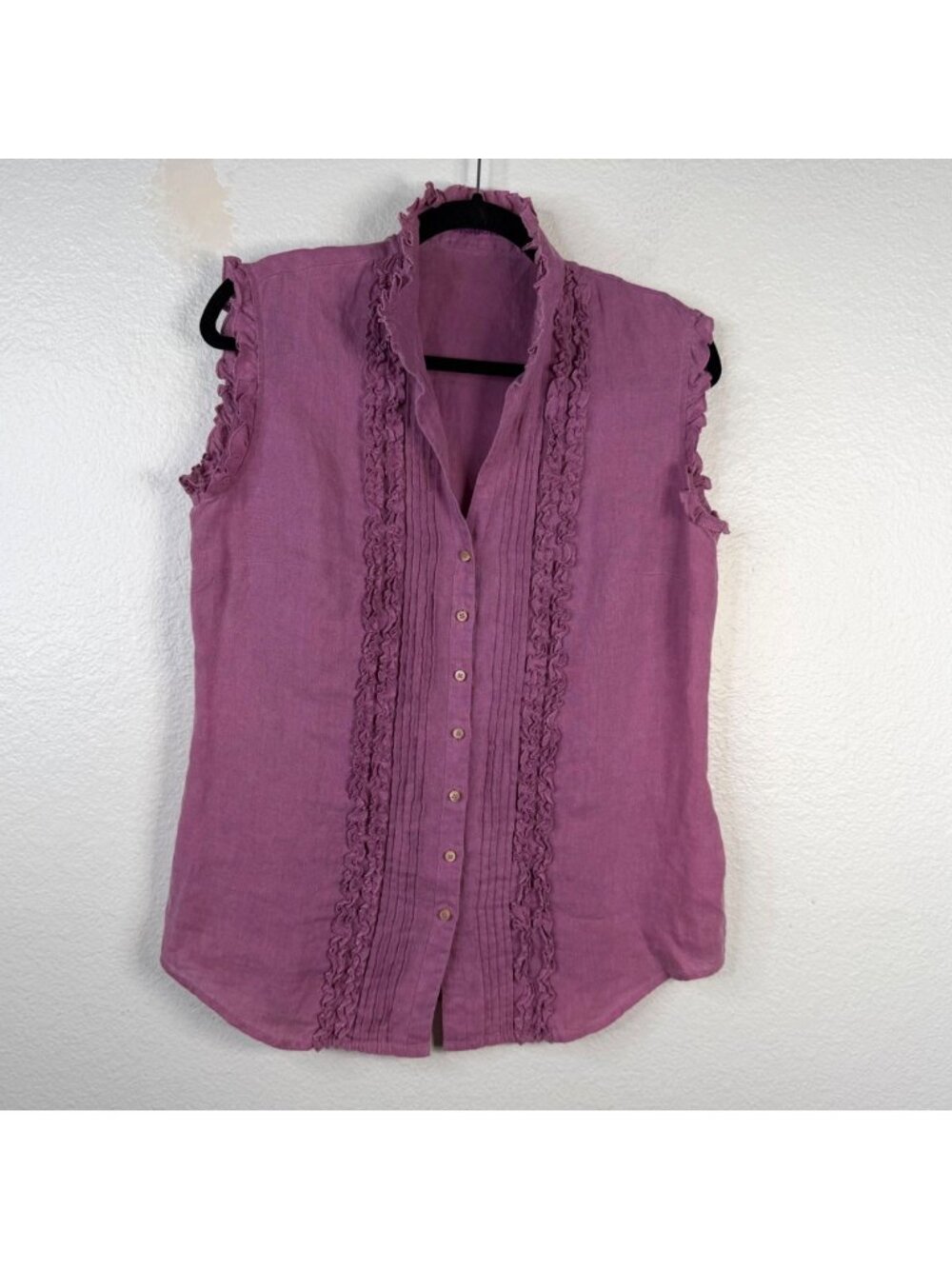 Gorsuch Women's Top Purple Sz S/M Linen Ruffles Button Up Coastal Quiet Luxury